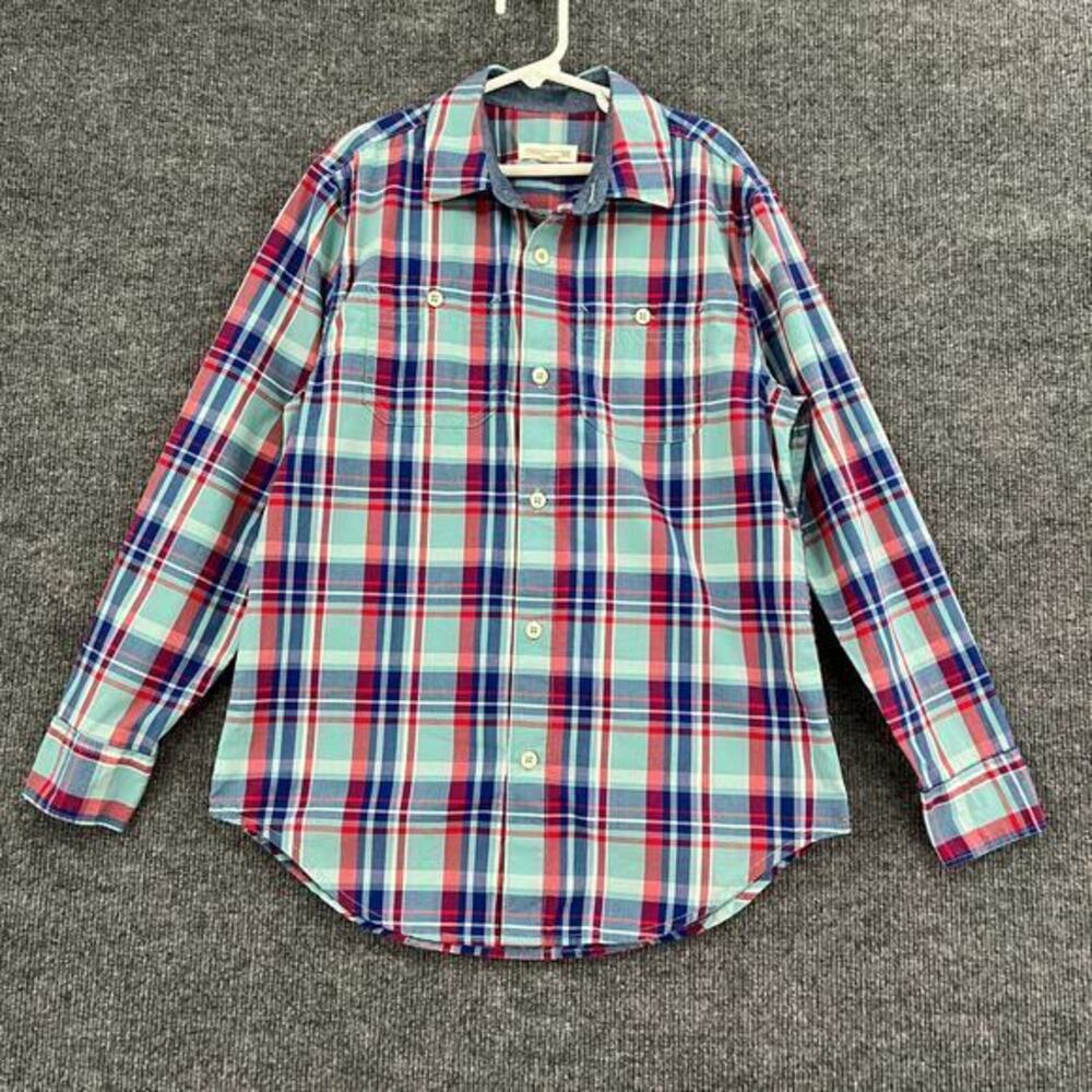 Tucker + Tate Plaid Long Sleeve Button Up Shirt Boys 7/8 Blue Red Cotton Preppy